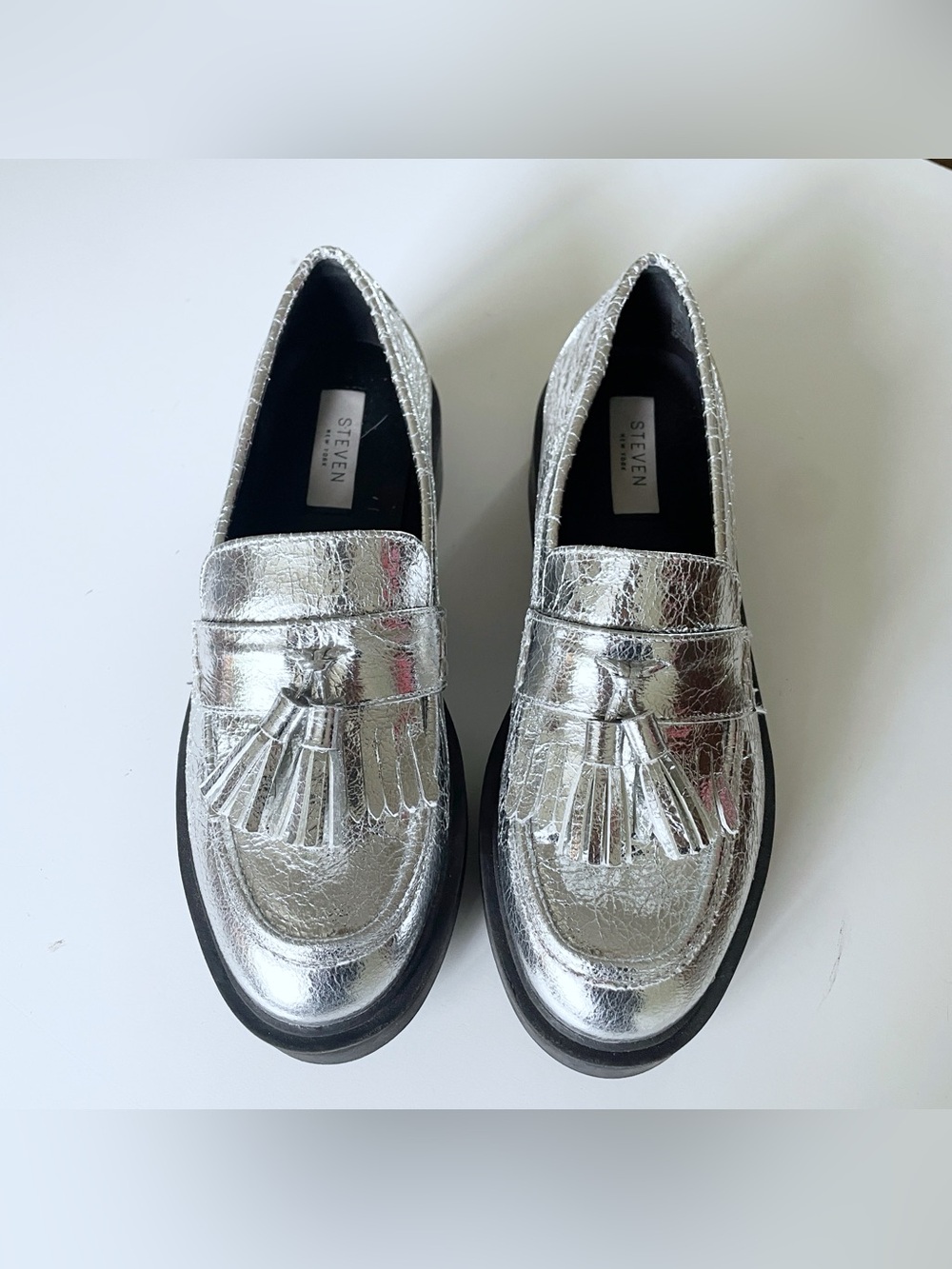 Steven New York Beryn Platform Kiltie Tassel Loafer Silver Preppy Academia Sz 8